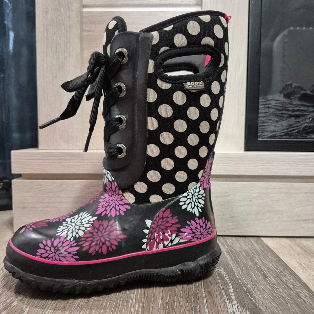 Bogs Kids Waterproof Rain Boots Floral Polka Dot Black Pink Sz 11